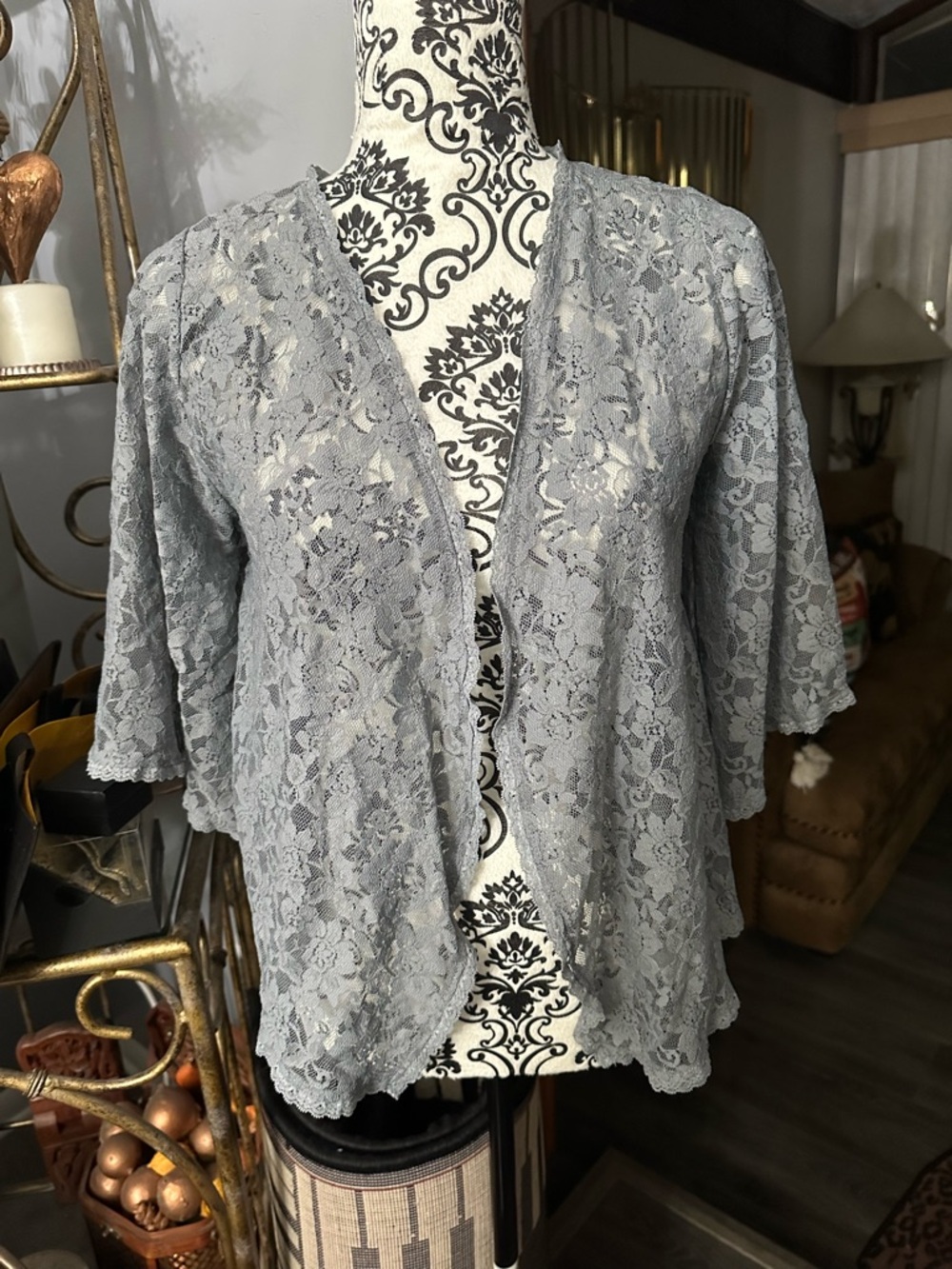 Pout Gray Floral Lace Open Front Cardigan